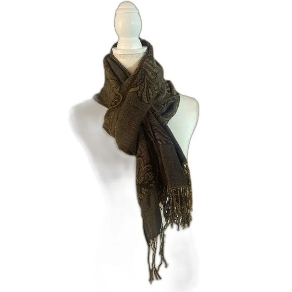 One of a Kind Cashmere Scarf Shawl Dark Green Brown 27